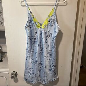 Oscar de la Renta Pink Label Satin Chemise Nightgown Slip Dress Blue Floral Sz S